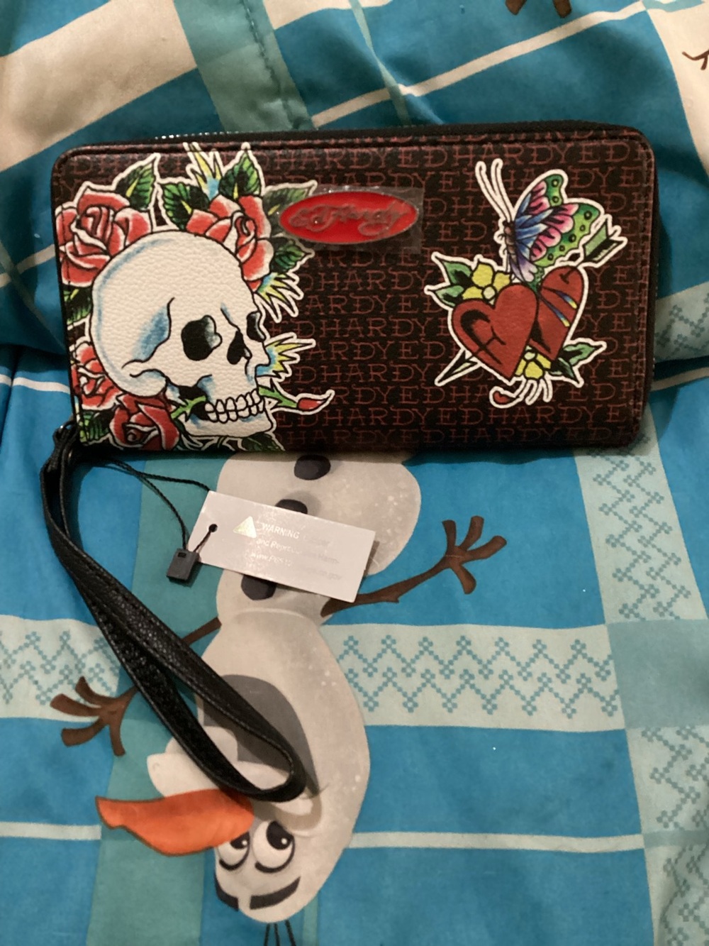 NWT-Ed Hardy Brown Multicolor Skull & Heart Zip Wristlet